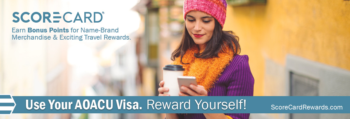 Scorecard. Earn bonus points for name-brand merchandise and exciting travel rewards. Use you AOACU visa. Reward yourself! scorecardrewards.com